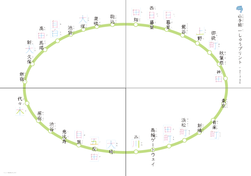 山手線一周 漢字プリントを4枚つなげたところ