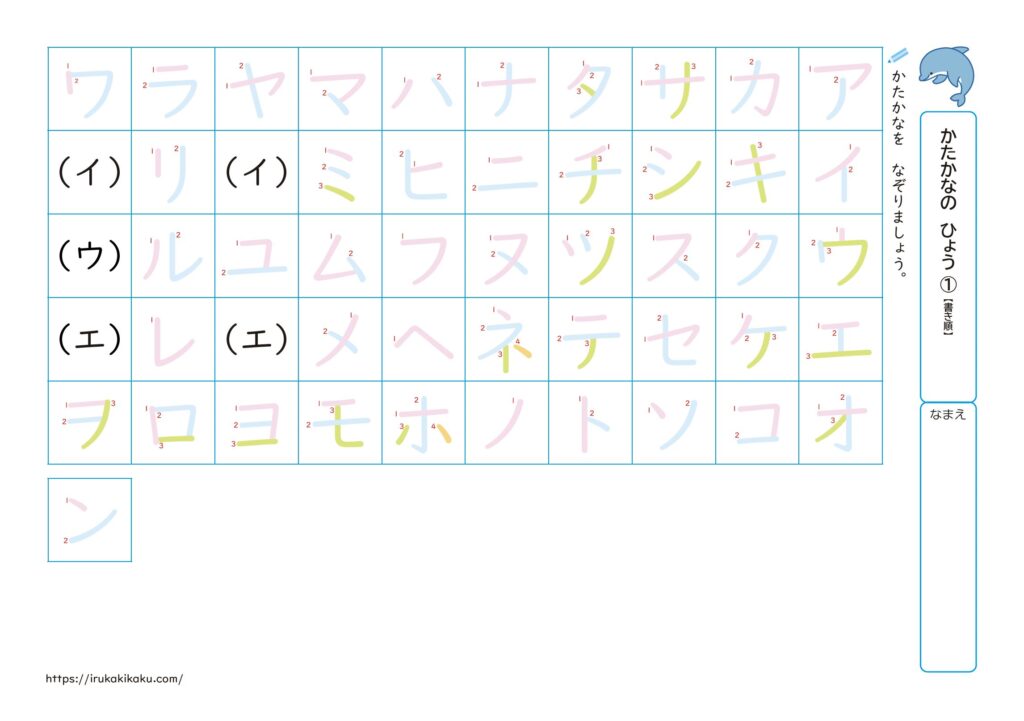 かたかなの表 5ステッププリントの1枚目(書き順)