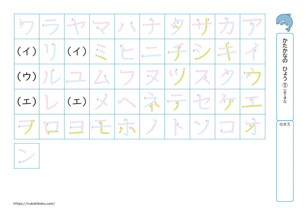 かたかなの表プリント見本ーおてほんページ